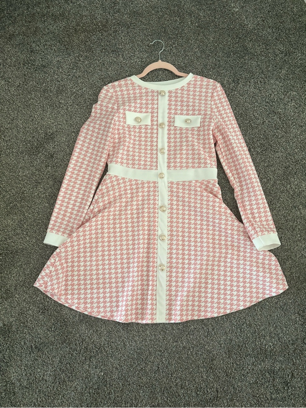 Pink and White Houndstooth Button-Front Dress - Picture 1 of 3